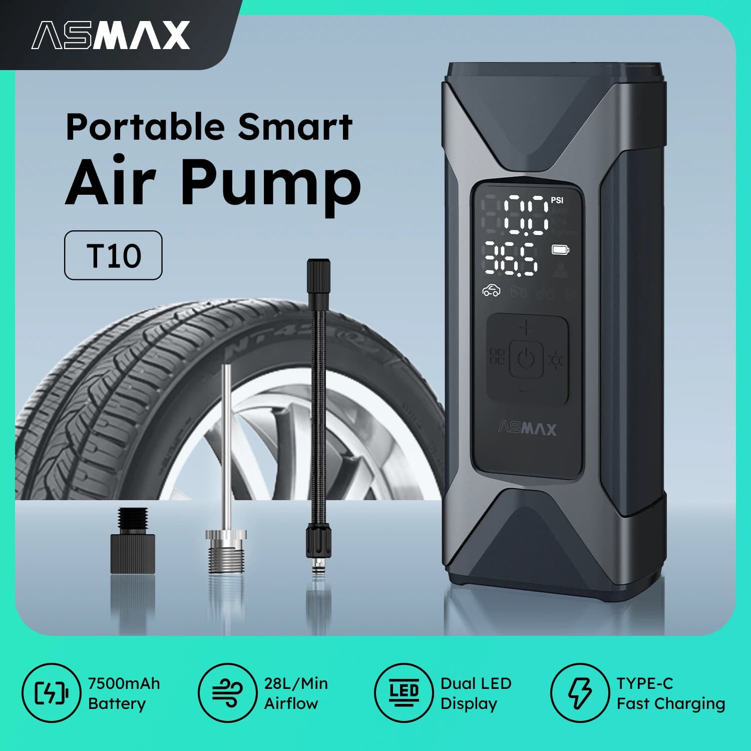 ASMAX 160PSI Pompa di Gonfiaggio Portatile Pompa di Aria Del Motociclo 7500mAh Pneumatico Pompa di Gonfiaggio Elettrica per Auto Bicicletta Palle Compressore D'aria