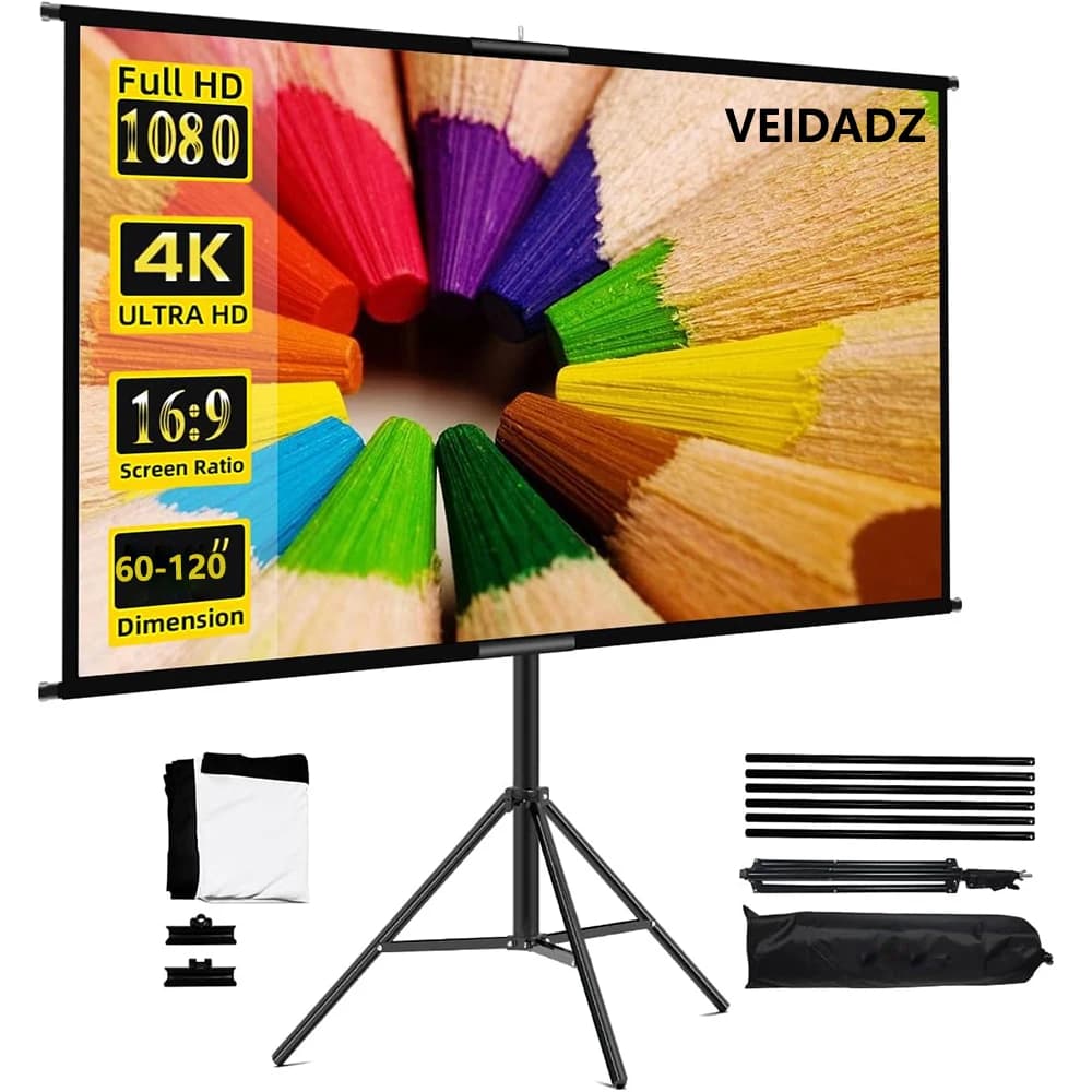 VEIDADZ Schermo per proiettore con supporto Schermo pieghevole bianco senza rughe da 60-120 pollici 16:9 con borsa per Home Theater interno esterno