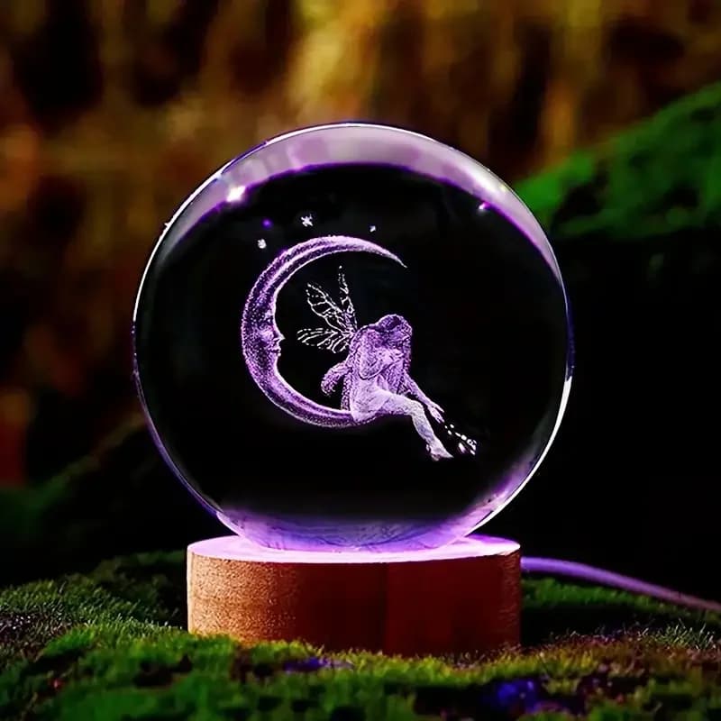 Colorful night light with 1 piece crystal ball, laser carved night light with moon and 3D fairy, creative birthday gift for girlfriend's wife