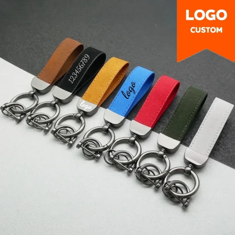 Suede leather keyring with logo for personal laser car for men and women Custom vintage keyring with company name engraving and number