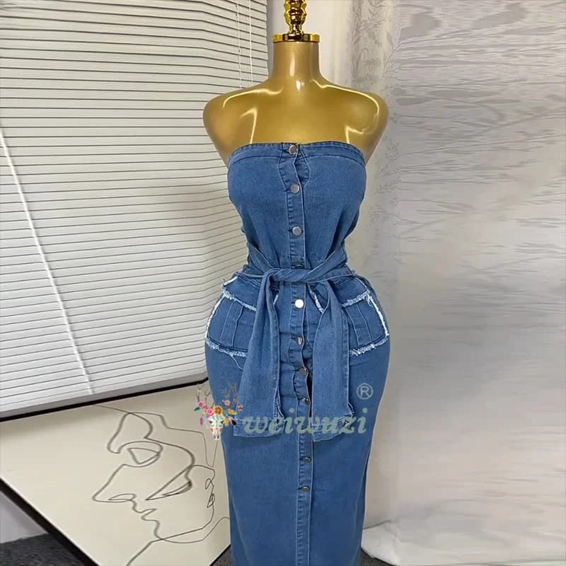 Women's Strapless Denim Dress 2026, Sleeveless, Monopetto con Lacci, Aderente, Estivo, Streetwear, da Festa, Sexy Jeans Dress