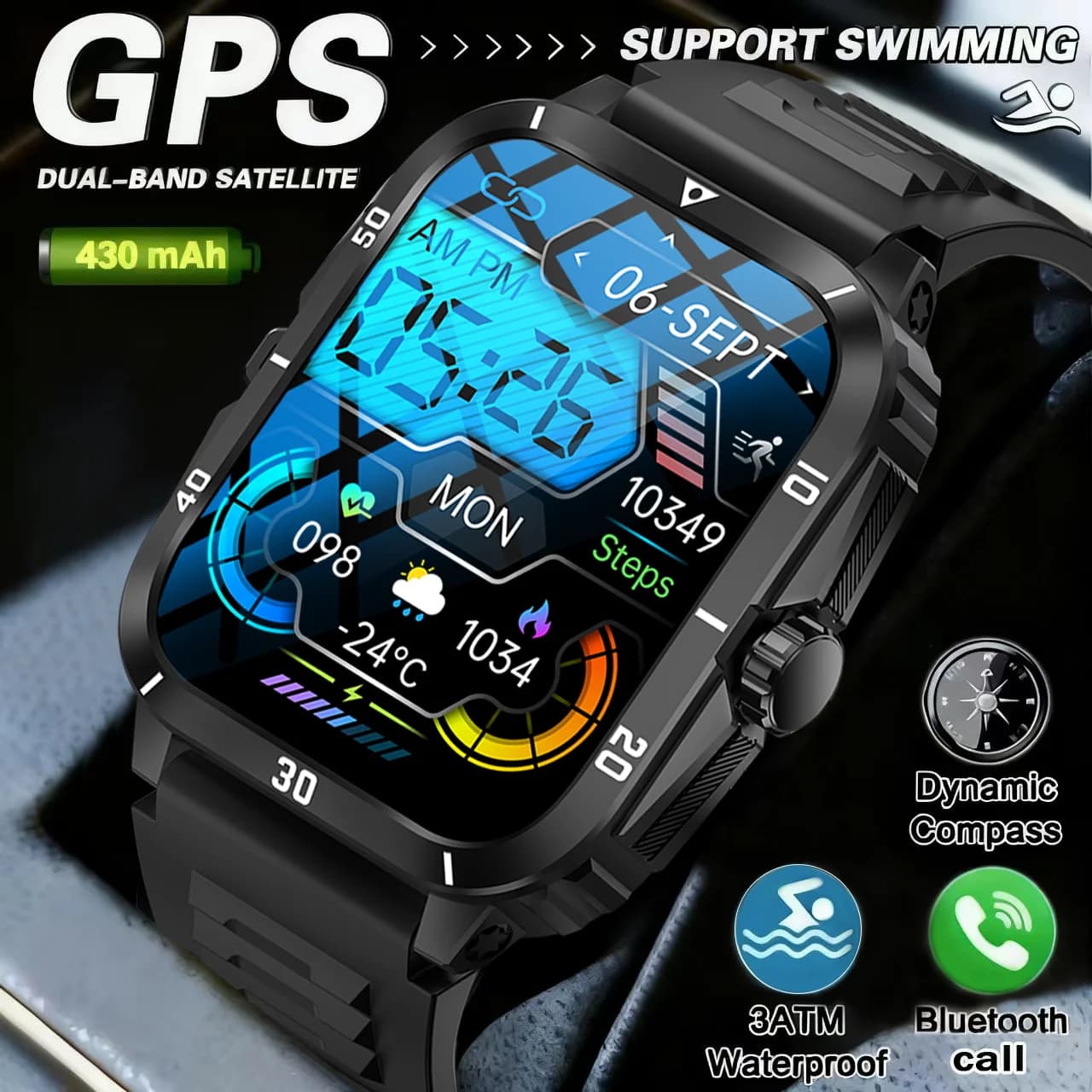 Orologio sportivo intelligente 1.96 schermo HD ossigeno nel sangue a lunga durata Chiamata Bluetooth 100+ sport Monitoraggio sanitario impermeabile 3ATM