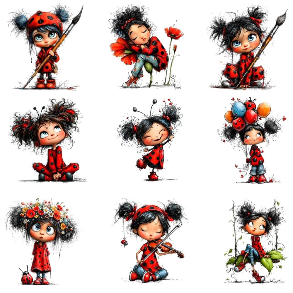 15 centimetri Divertente Quirky Coccinella Ragazza di Fiore Pennello di Scrittura Ferro Sul Adesivo di Trasferimento Fai Da Te DTF Adesivo di Trasferimento di Calore T-shirt Vestiti Decal