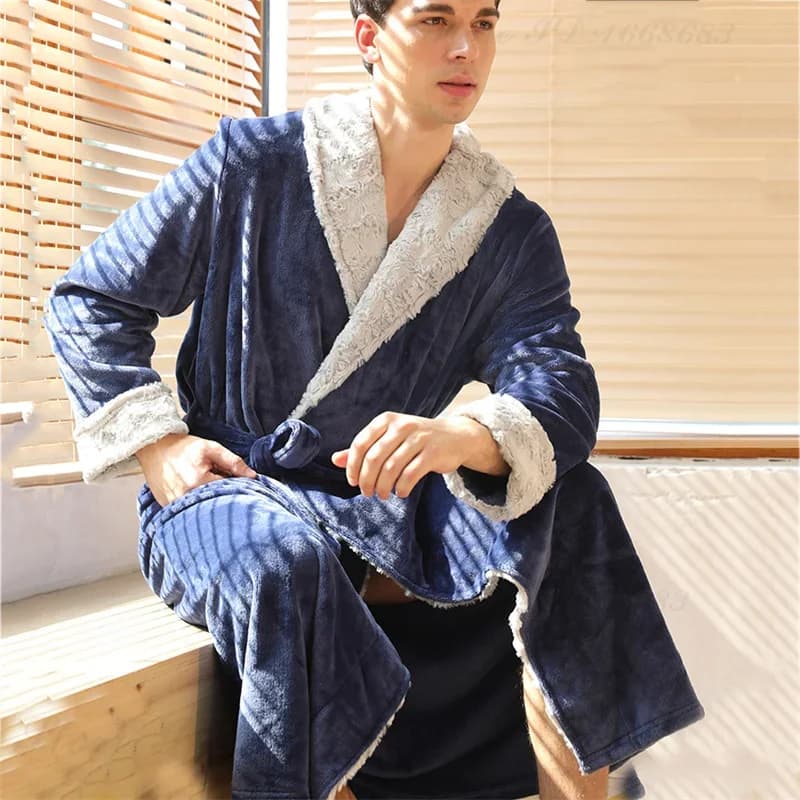 Men's long dress in coral fleece thickening flannel Lounge Wear pair night dresses for home winter loose bathrobe Casual nightwear