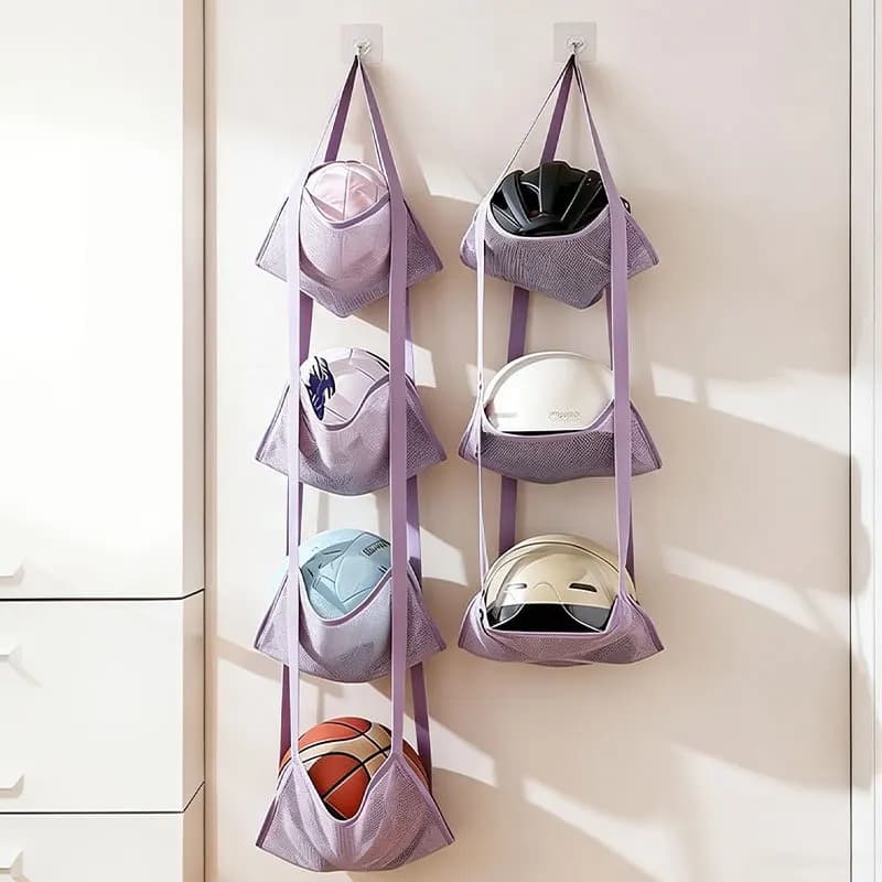 3/4 Tier Hanging Ball Storage Bag with Hooks, Mesh Sports Equipment Organizer for Basketball Football Volleyball, Over Door Wall