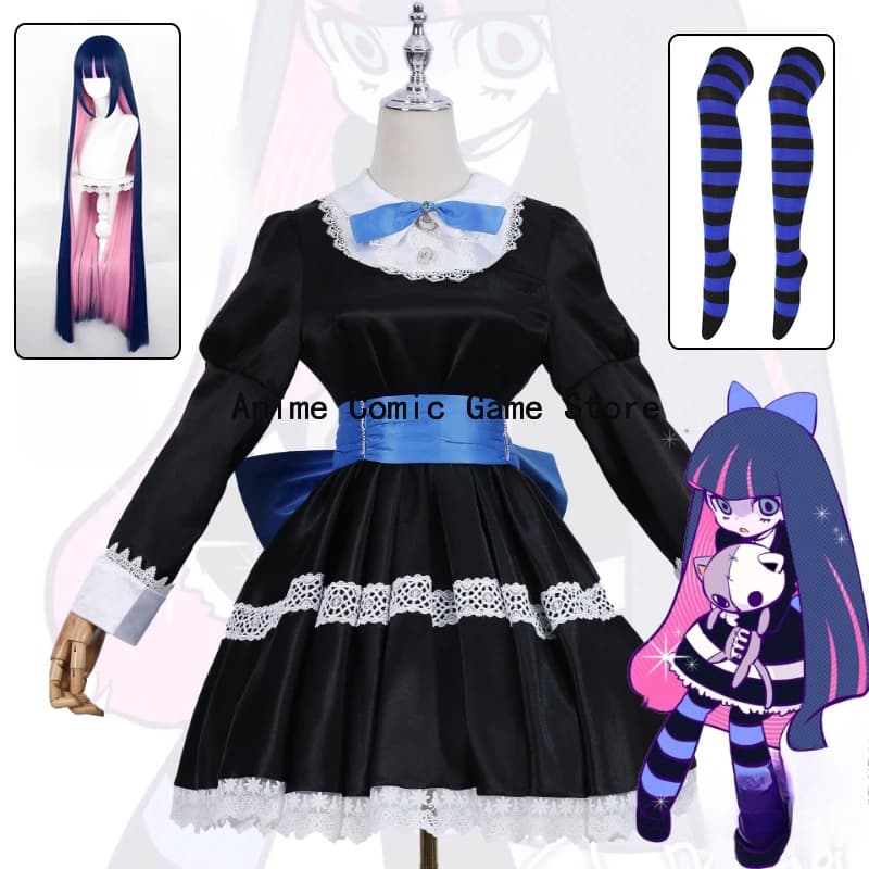 Available S-2XL Anime Panty & Stocking Anarchy Cosplay Black Dress Uniform Long Wig Halloween party dresses for women