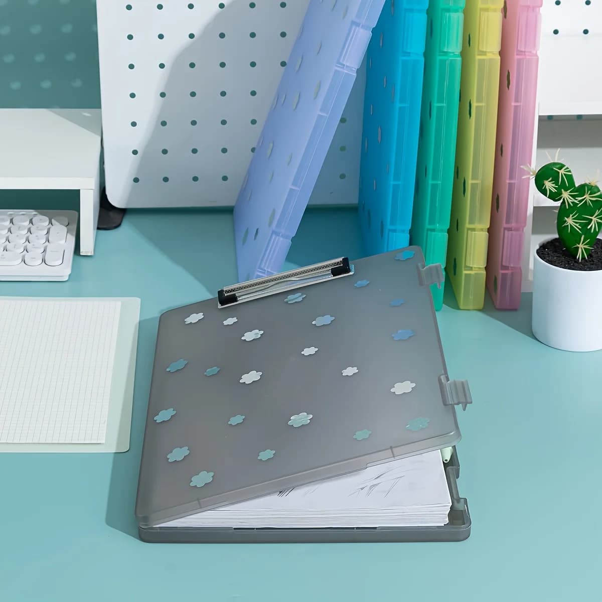 Cartella portadocumenti in plastica floreale con blocco note e slot per penna - Grande capacità, scatola organizer da ufficio rettangolare in colori assortiti