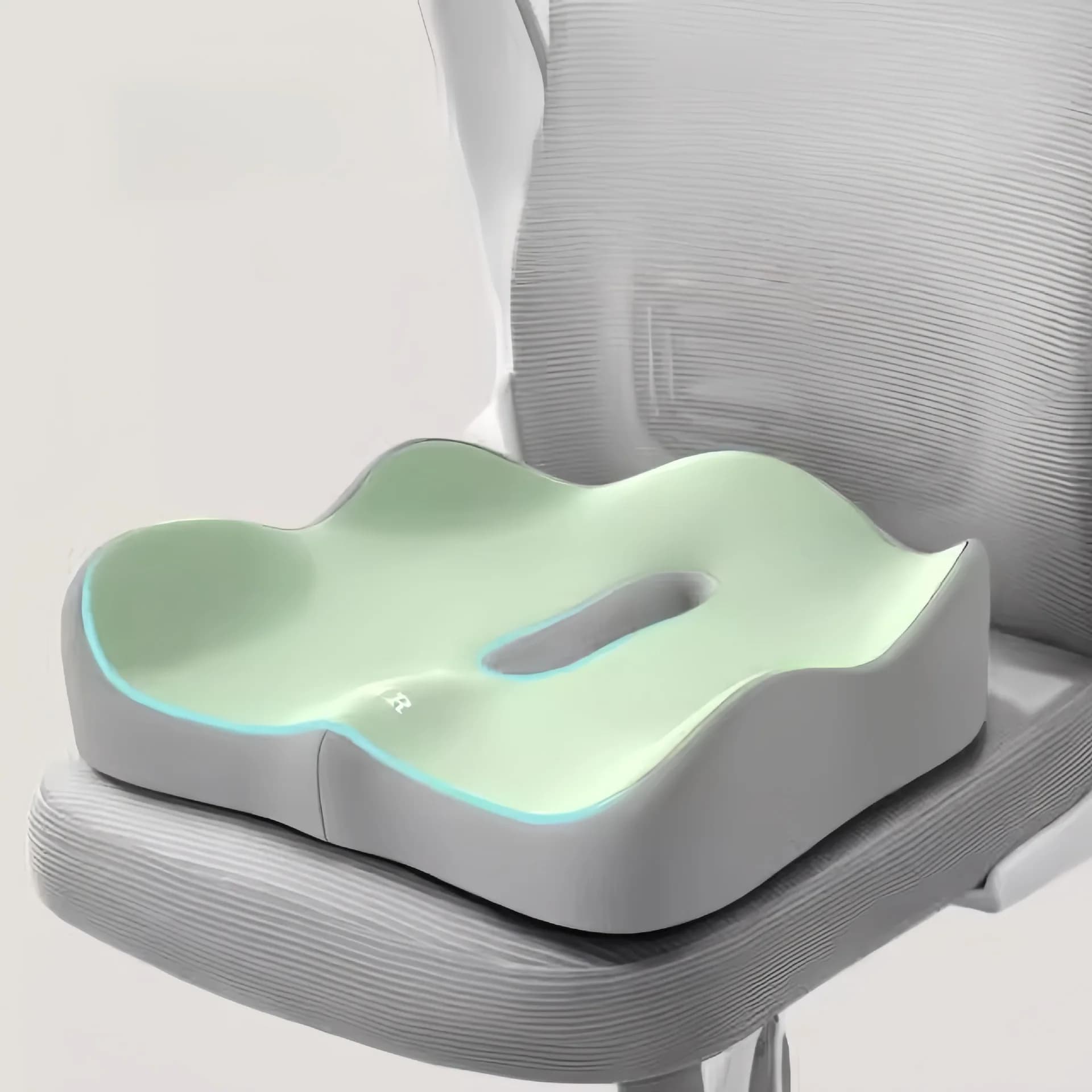 1 piece memory foam seat cushion - 3D ergonomic support | Light green and gray, washable polyester, essential elements for car/office