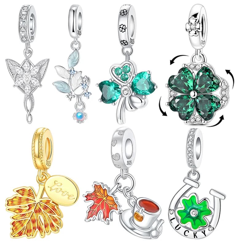 Ciondoli a forma di fiore, erba e foglia in argento sterling 925, ciondolo a quadrifoglio portafortuna, adatto per braccialetti, gioielli fai da te portafortuna, regalo per donna