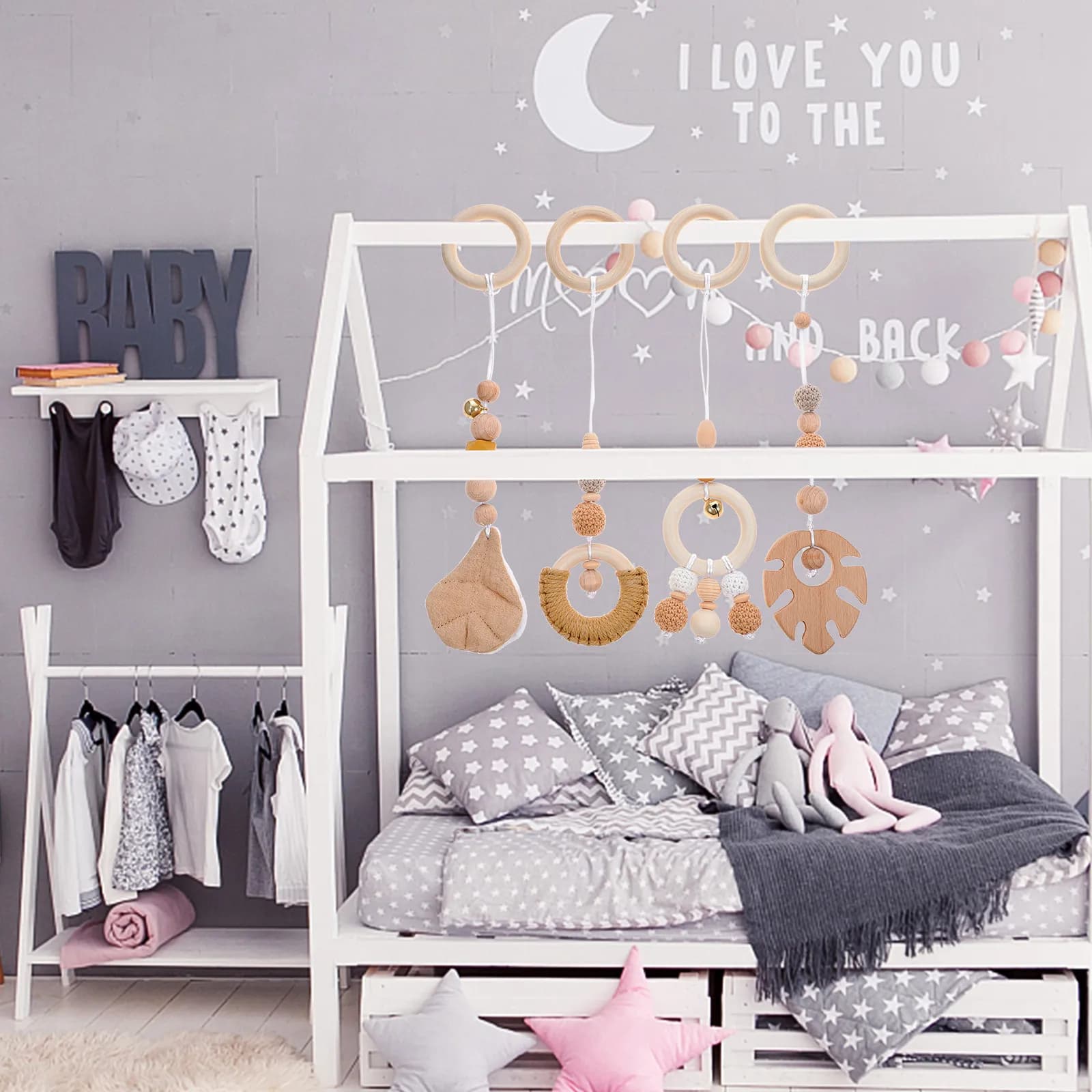 Set di 4 Sonagli Colorati con Perline e Foglie in Legno per Culla, Passeggino, Decorazione per Neonati e Bambini, Stimolazione Sensoriale
