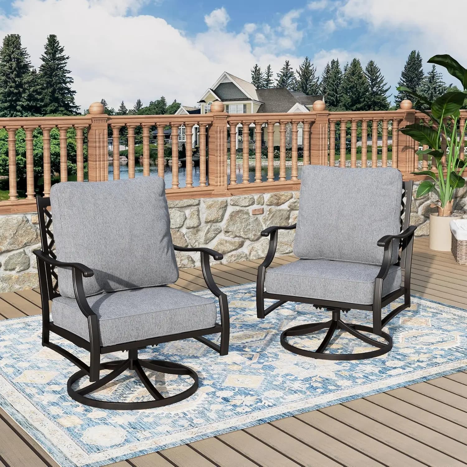 Set of 2 Patio Seats with High Back in Metal for Exterior, 5.75 Inch cushions, for Bistrot, Balcony, Portico, Terrace, Customizable