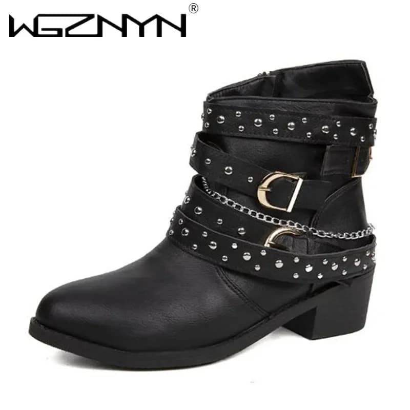 NUOVE Donne Borchie Fibbia Stivali Da Neve Termici Autunno Cowboy Goth Punk Scarpe Breve Caviglia Chelsea Rock Vintage Mocassino Botas Mujer