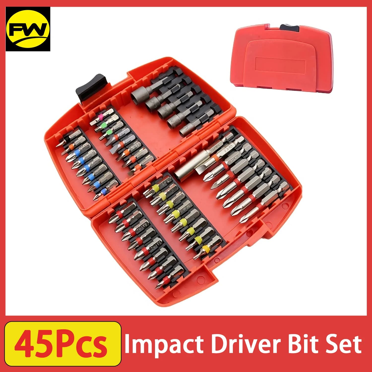 Set di punte per avvitatore a percussione da 45 pezzi, lega di acciaio S2, cacciavite per dadi magnetici, scanalato, Phillips, Torx per metallo, legno, plastica, piastrelle, cartongesso