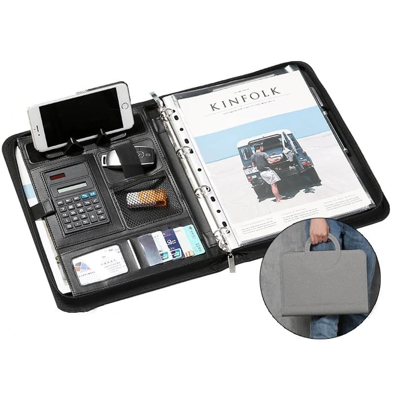 Cartella di file portatile A4 da 1 pz con calcolatrice raccoglitore organizzatore manager ufficio portadocumenti valigetta borsa in pelle PU