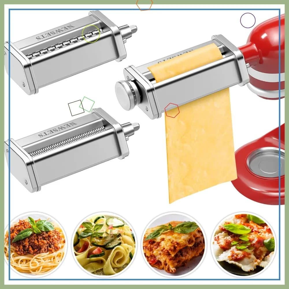 Set di 3 Accessori per Pasta per Impastatrici KitchenAid, Set Rullo e Tagliapasta, Acciaio Inossidabile
