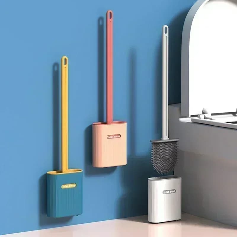 Scopino per WC a parete Set di spazzole per pulizia con testina piatta in silicone Set di spazzole per pulizia WC da bagno con supporto ad asciugatura rapida