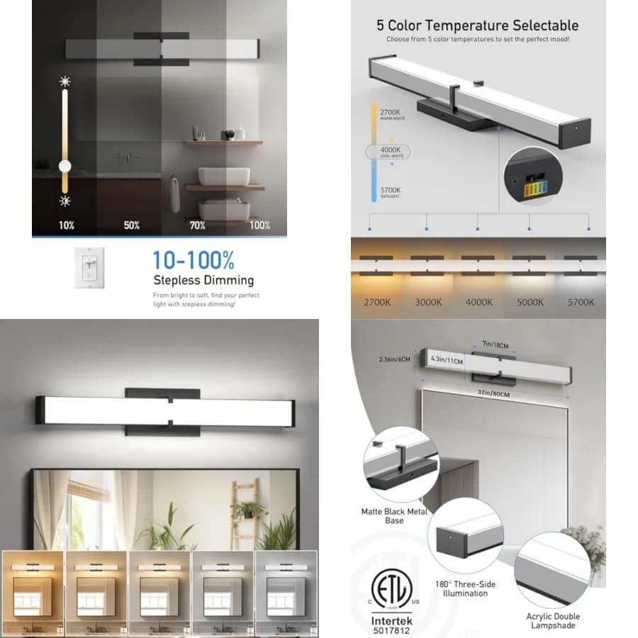 Lampada da Bagno Moderna Sopra Specchio, Luci Dimmerabili per Vanità da 32 Pollici, Illuminazione LED 36W 3200 Lumen 5CCT per Bagno B