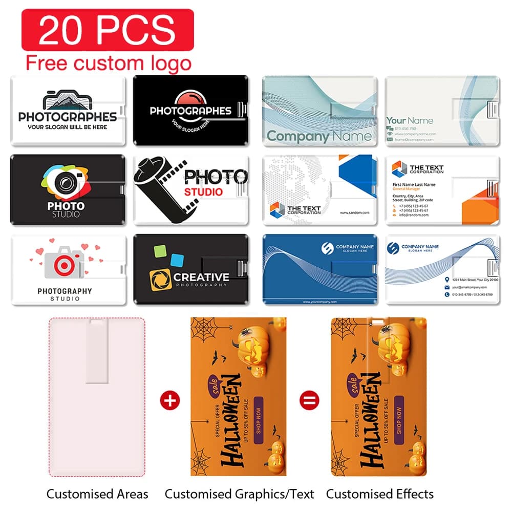 20 PZ LOTTO USB Flash Drive memory stick Carta di Credito Pen drive Dispositivo di Archiviazione Logo Personalizzato Gratuito Schede di Memoria Carte di Credito Pendrive 64G