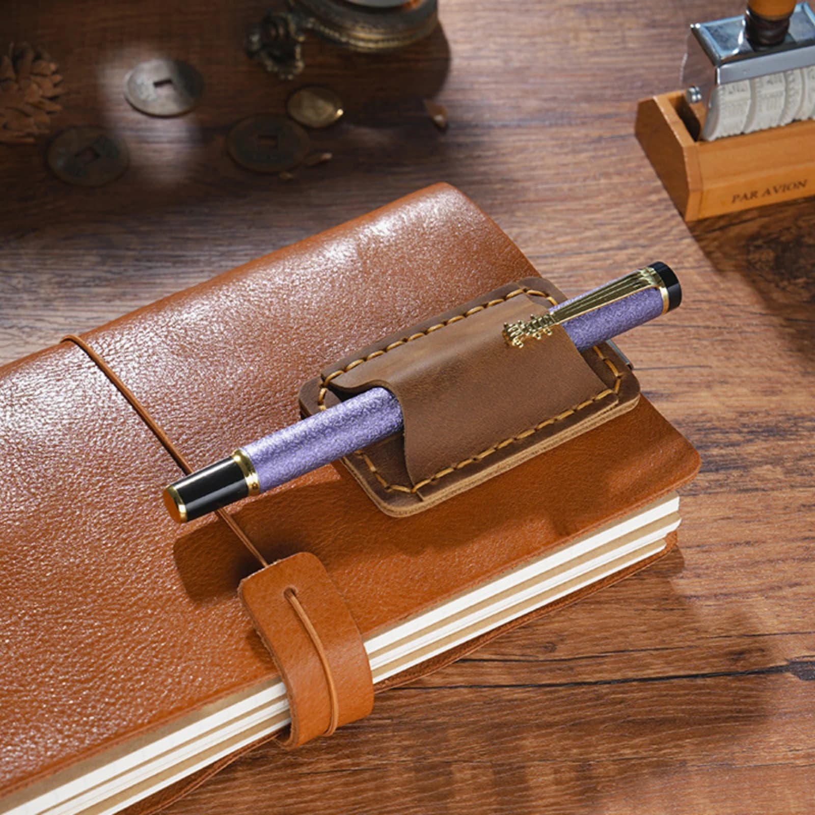 Genuine Leather Pen Loop Holder For Notebooks Vintage Cowhide Pencil Holder With Metal Clip Travel Notebook Journal Stationery