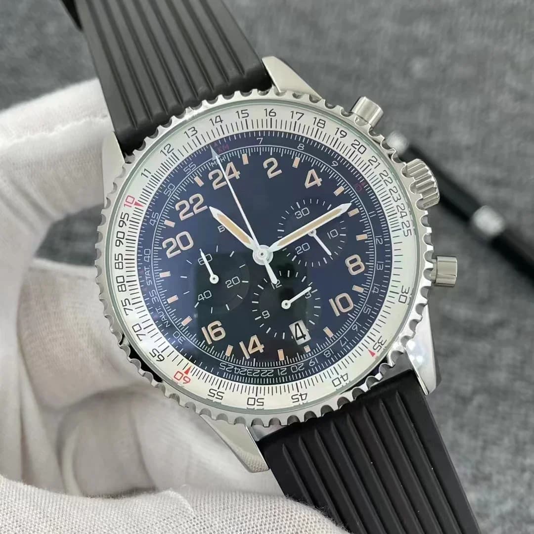 2025vip 46 mm luxury men's watch with quartz chronograph, blue aeroplane leather wristwatch