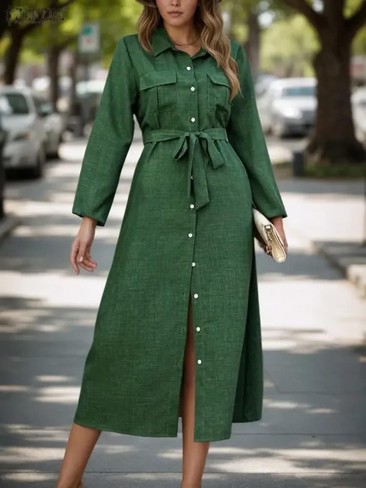 ZANZEA Autunno Moda Abiti Lunghi Woman Long Sleeve Solid Telai Party Dresses 2025 Office Elegant Coached Streetwear Midi Robe