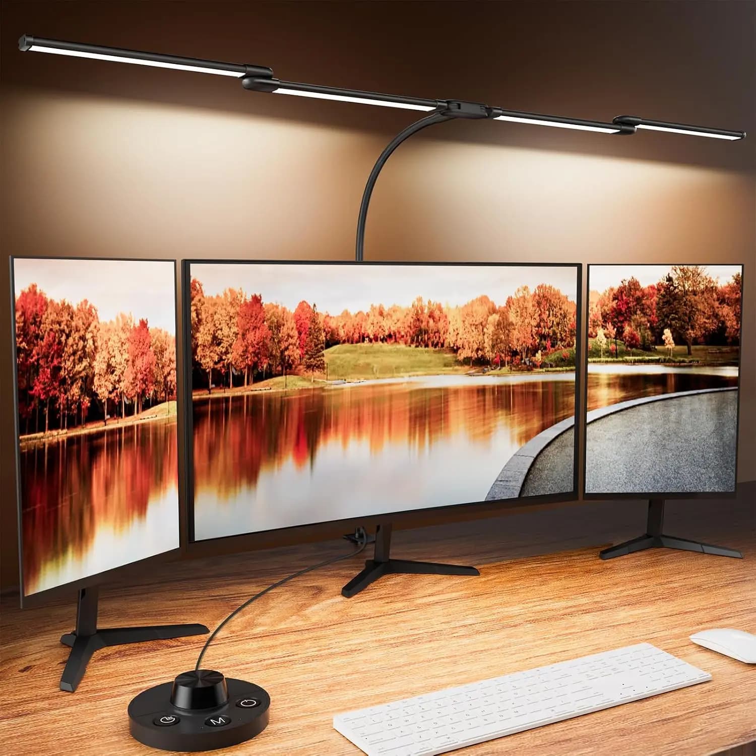 Lampada da Scrivania a Morsetto Ultra Larga 24W con 4 Teste e 5 Modalità di Colore Dimmerabili per Configurazioni Multi-Schermo in Ufficio, Nera, Adattatore Incluso