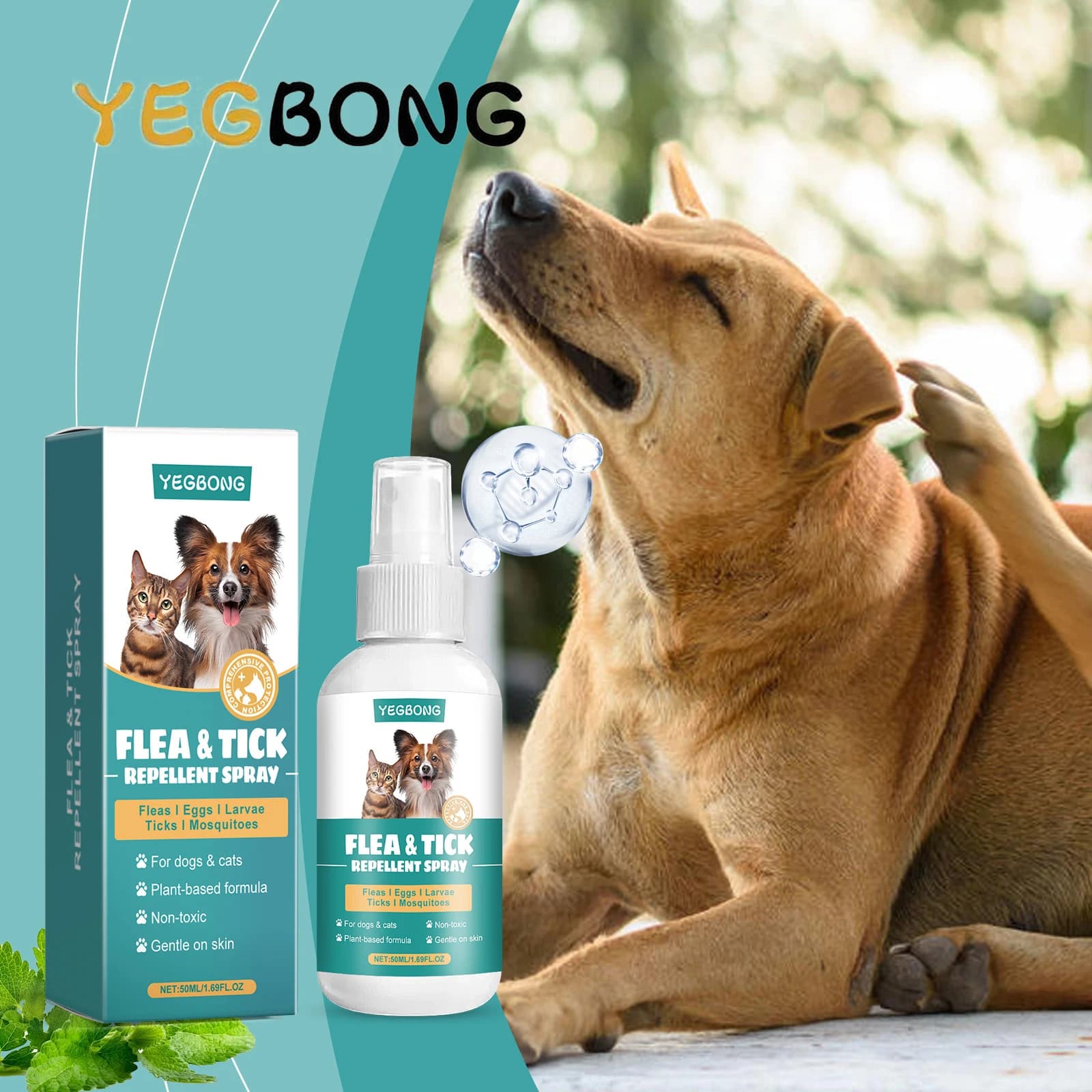 YEGBONG 50ML Spray per il controllo delle pulci degli animali domestici per cani Gatti Sicuro Uso quotidiano Detergente Repellente Anti Formula approvata veterinaria esterna
