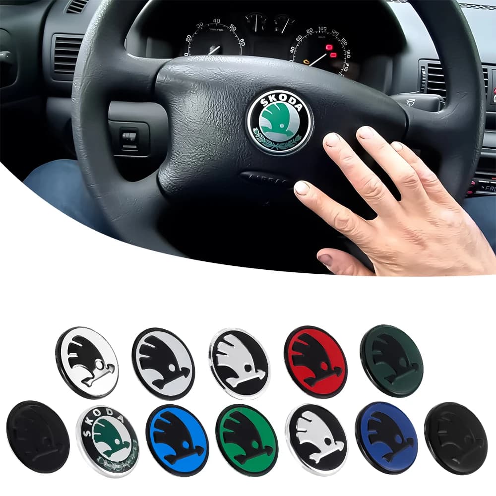 Adesivo Copri Emblema Volante Auto 3D in Alluminio 43MM 44MM per Skoda Rapid Fabia Octavia Yeti Superb Scala Kodiaq Karoq Kamiq