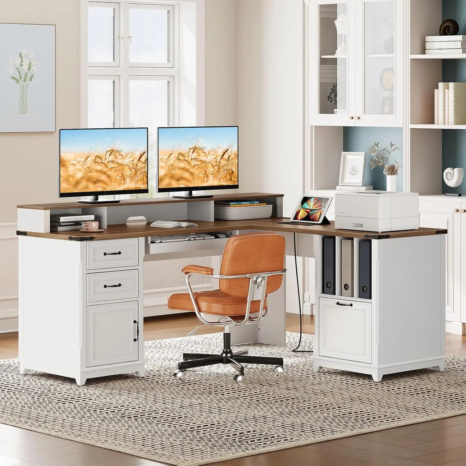 69 inch L desk with drawer, charging station, monitor stand, document holder, home office corner, white walnut, customizable