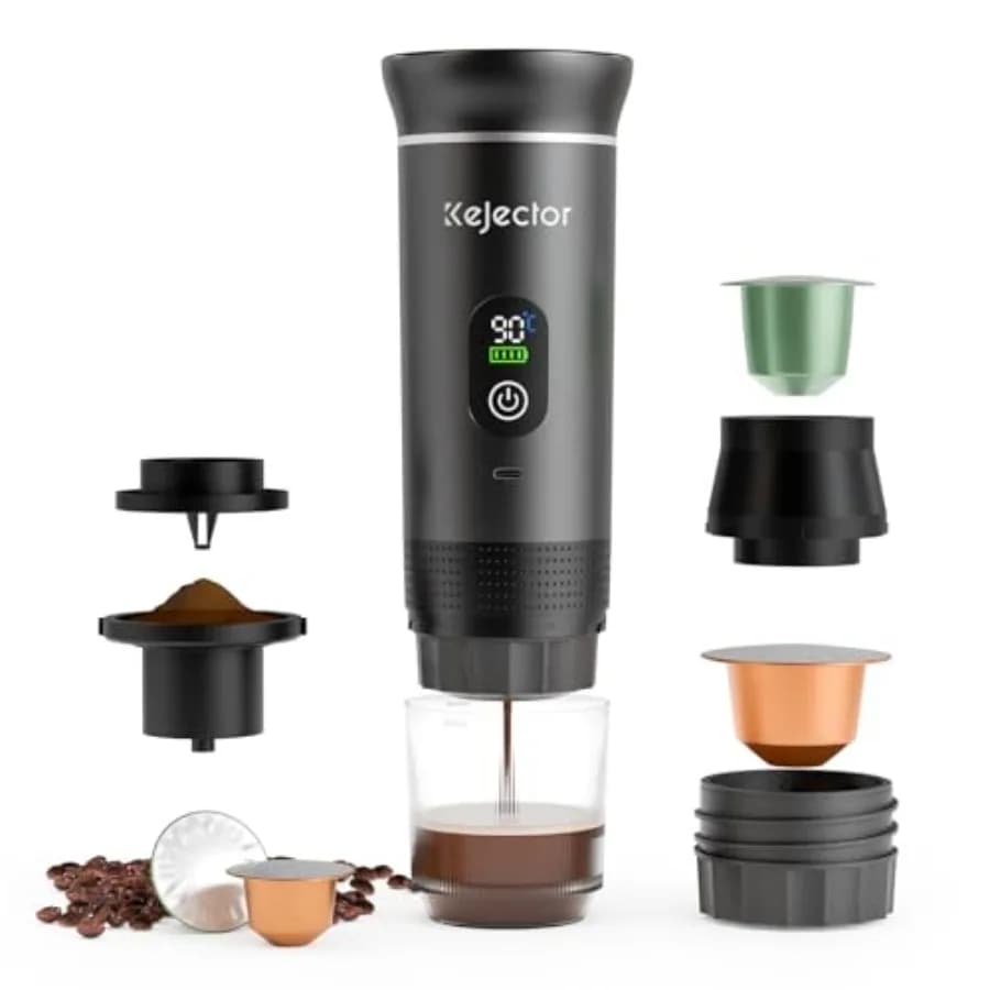 Macchina da caffè portatile per viaggi, campeggio, escursioni; corpo in acciaio inossidabile; colore nero; compatibilità 3-in-1 con caffè macinato.