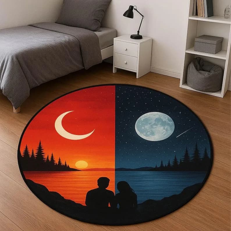 Tappeto rotondo per coppia romantica Design giorno notte Modello visivo 3D Tappeto cielo notturno Tappeto cielo notturno lunare stellato Decorazione della casa