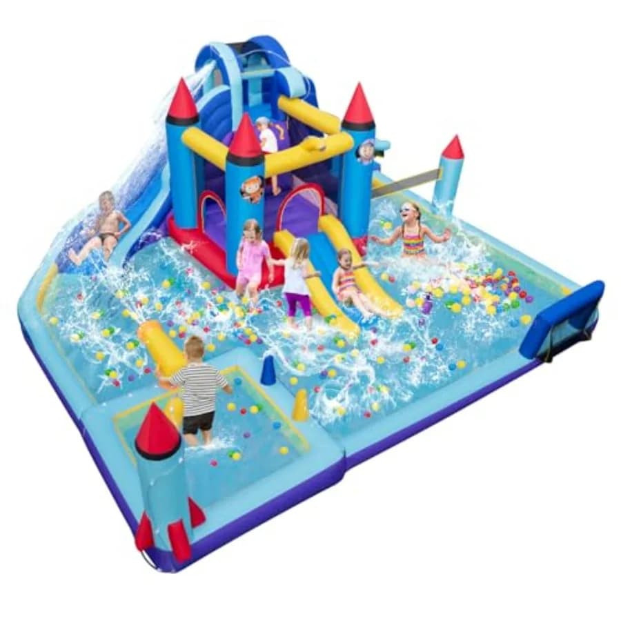 Scivolo acquatico gonfiabile gigante con doppio scivolo, piscina, pallavolo e porta da calcio gonfiabili