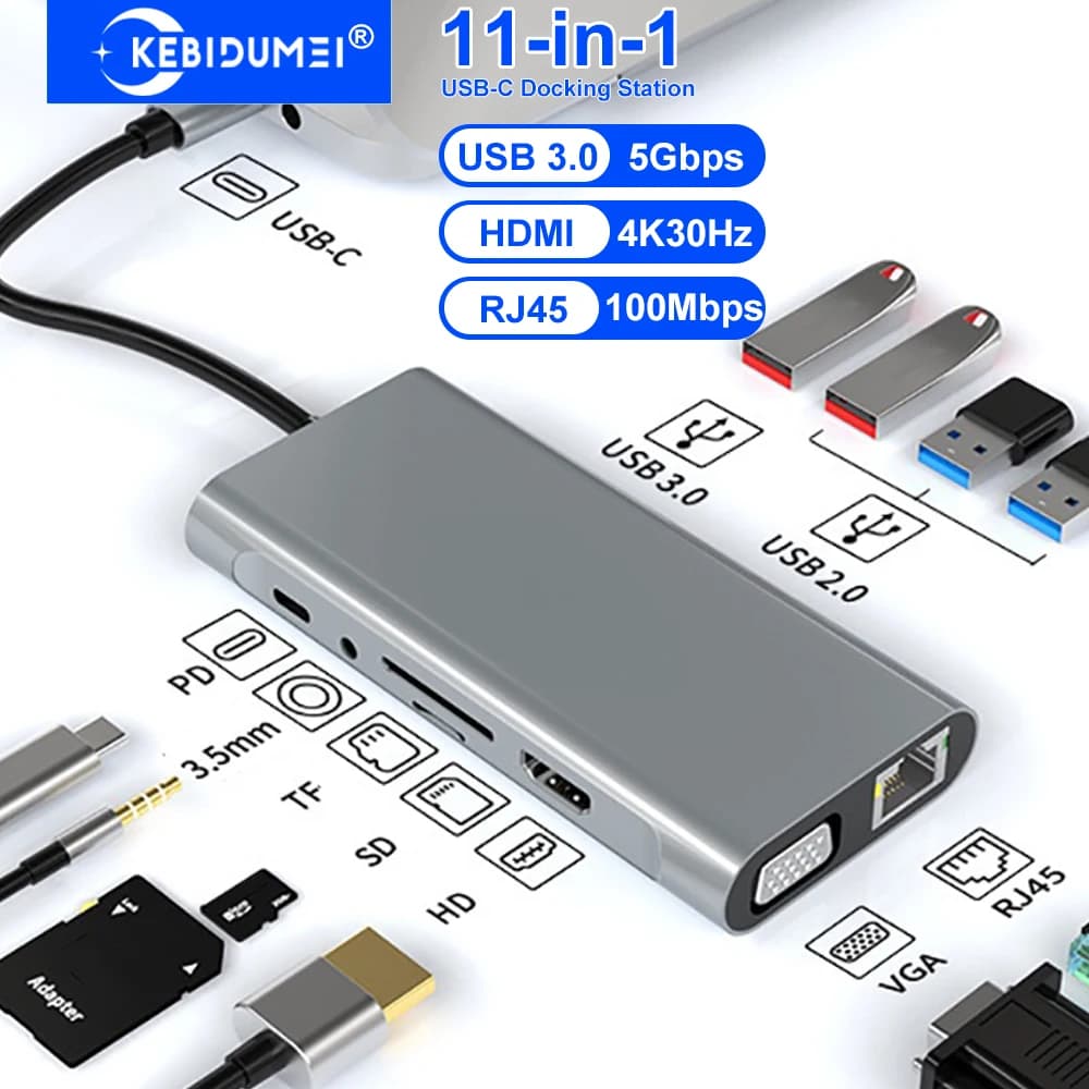 Docking Station USB KEBIDUMEI 11-in-1, Hub USB 3.0, Splitter USB C con HDMI 4K, VGA, PD, Adattatore di Rete RJ45 100M per Laptop