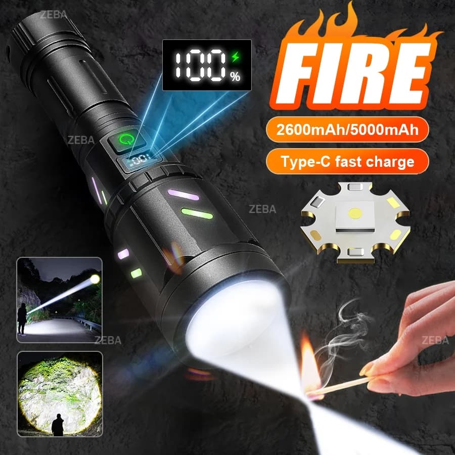 2026 38000000LM Torcia LED più potente Torcia ricaricabile USB Torcia esterna a lungo raggio Lanterna da pesca da campeggio
