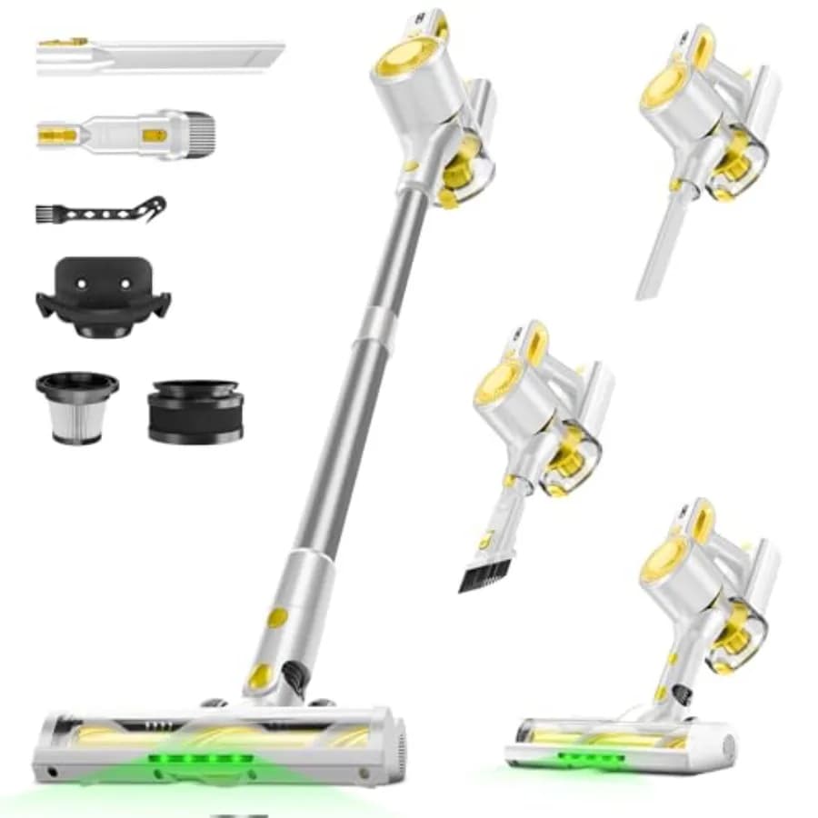 Aspirapolvere Senza Fili per Casa, Potente Aspirapolvere a Bastone con Batteria Ricaricabile, Spazzola Anti-Groviglio con Luce Verde, 6-in-1 Lightw
