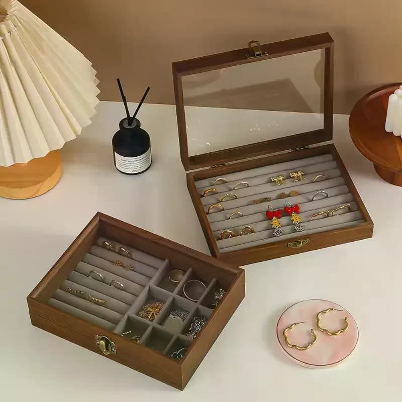 Scatola Portaoggetti in Legno per Gioielli Vintage con Coperchio in Vetro e Velluto, Organizzatore Antipolvere per Bracciali, Anelli e Orecchini