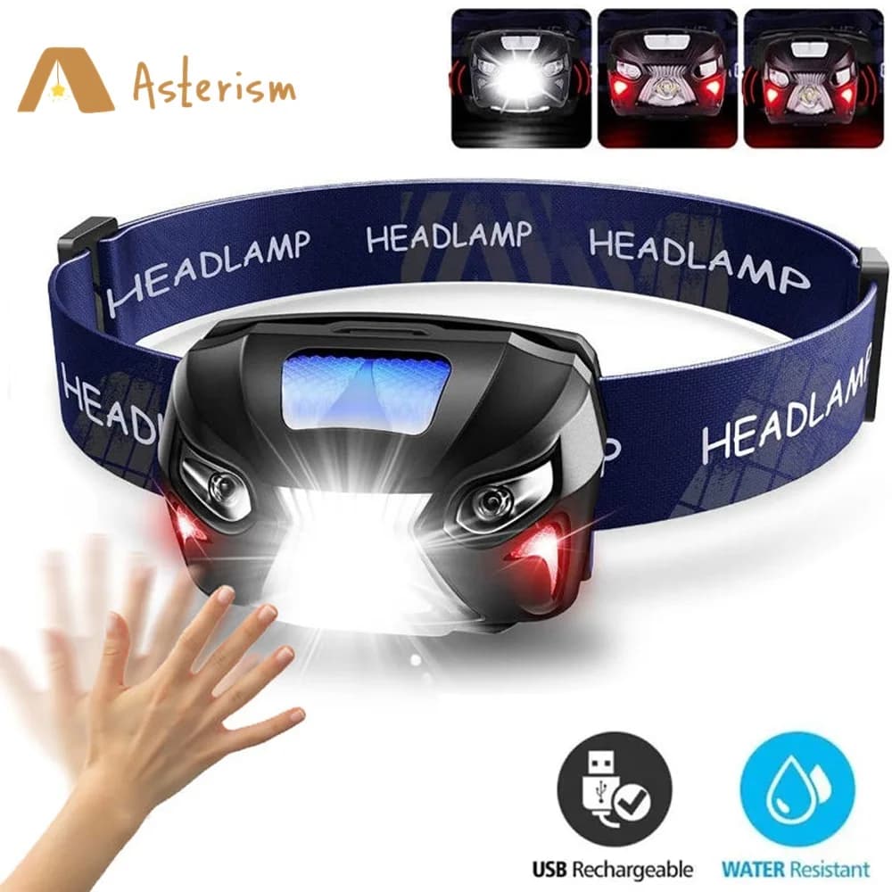 8 modalità potente lampada frontale sensore di movimento del corpo torcia frontale ricaricabile USB faro a LED torcia da campeggio lampada frontale con luce flash