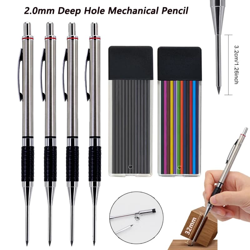 New Deep Hole Woodworking Mechanical Pencil, 2.0mm Anti Slip Soft Set Grip Handle Automatic Pencil Engineer Drawing Marking Tool