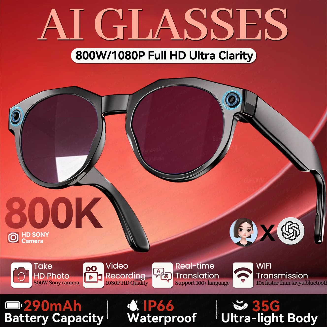 2026New 8K HD AI Smart Glasses 800MP Camera Bluetooth Call 290Mah ChatGPT Video Recording Voice Assist Control Men's Sunglasses