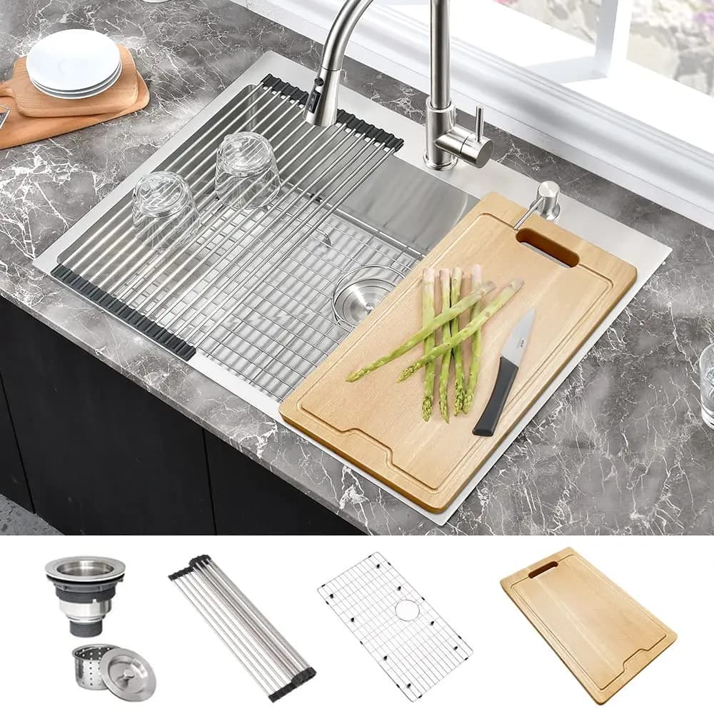 Lavello da cucina in acciaio inox da incasso 31x20 pollici, a montaggio superiore, singolo, profondo, con tagliere