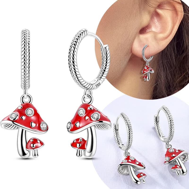 Orecchini a cerchio con ciondolo a forma di fungo rosso con zirconi originali in argento sterling 925 per regalo di gioielli in stile foresta da donna