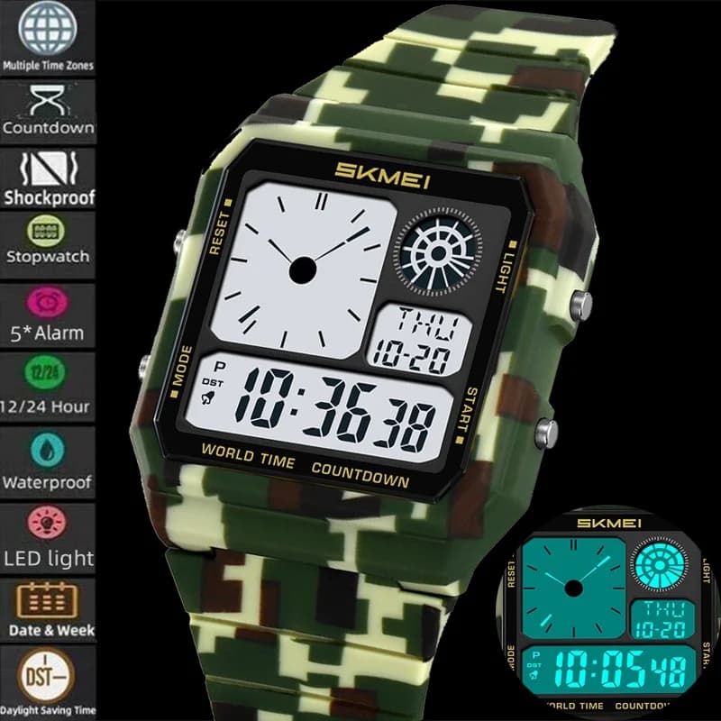Skmei 5 Alarm Clocks Men's Military Sports Clocks Analog Digital Display Multiple Time Zone Waterproof Men's Time Gauge
