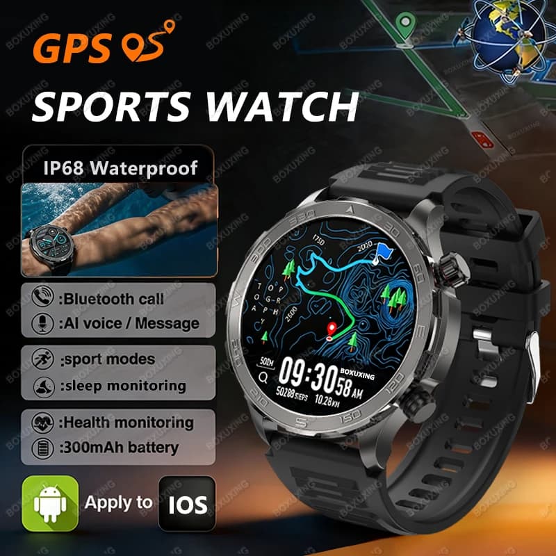 New Smartwatch Military 2026 with 1.53 Inch AMOLED Screen, Sport Fitness Monitoring, compass, Bluetooth Calls, IP68 Waterproof