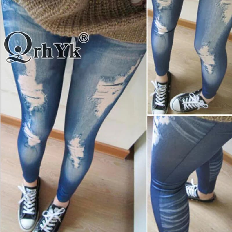 Leggings Skinny effect jeans ripped by woman pants Jeggings Slim blue black