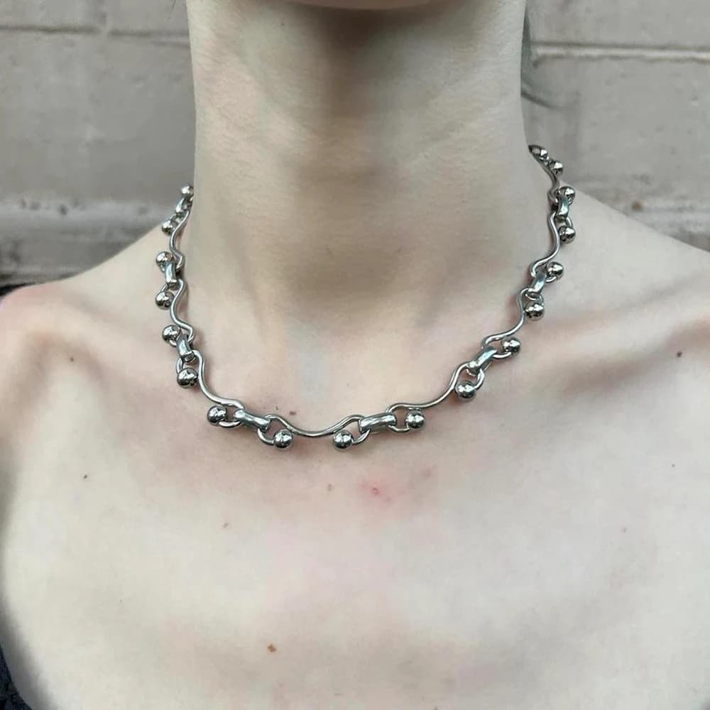 Y2K Stainless Steel Wave Ball Chain Necklace for Women Men Punk Grunge Fashion Handmade Jewelry