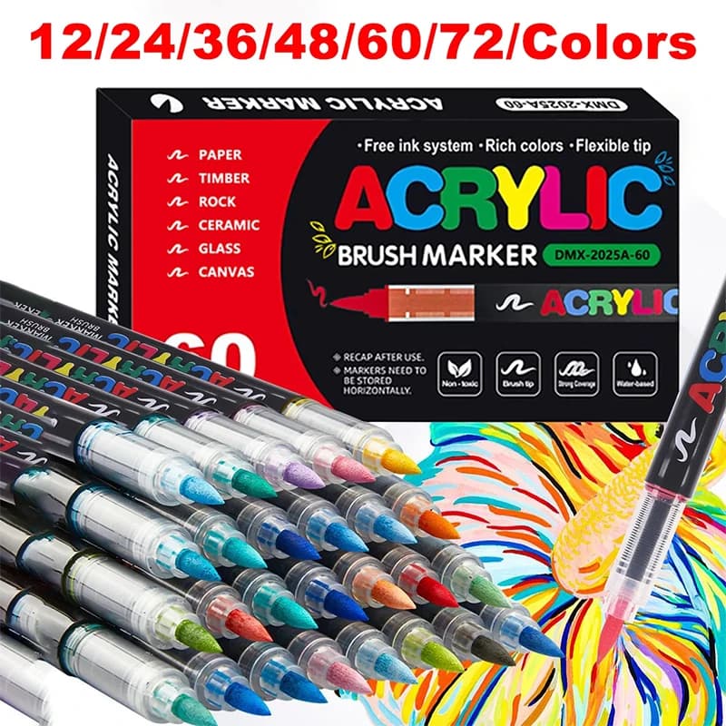 Pennarelli Acrilici 12-72 Colori, Penne con Punta a Pennello 1-5mm per Legno, Roccia, Tela e Fai-da-Te