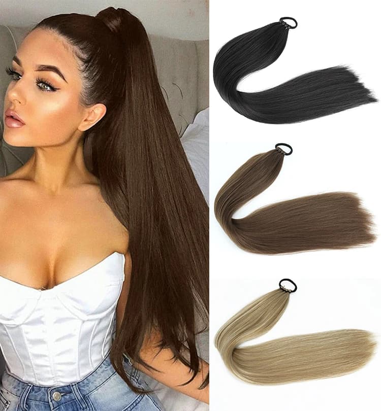 24 Inch Synthetic Elastic Rubber Hair Ring Horsetail Hair Extensions Straight Brown Black Heat Resistant