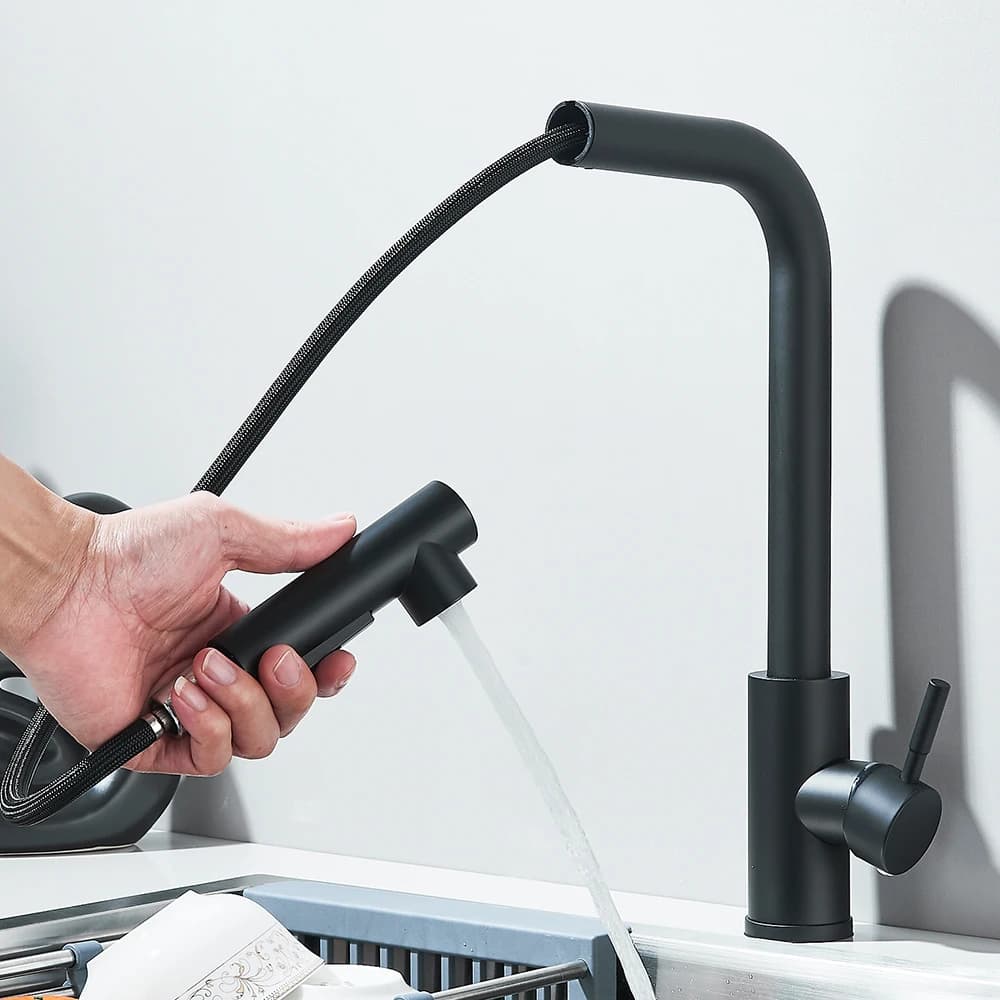 Rubinetto per lavello da cucina estraibile nero Due modelli Ugello spruzzatore a flusso Rubinetto miscelatore acqua calda fredda in acciaio inossidabile