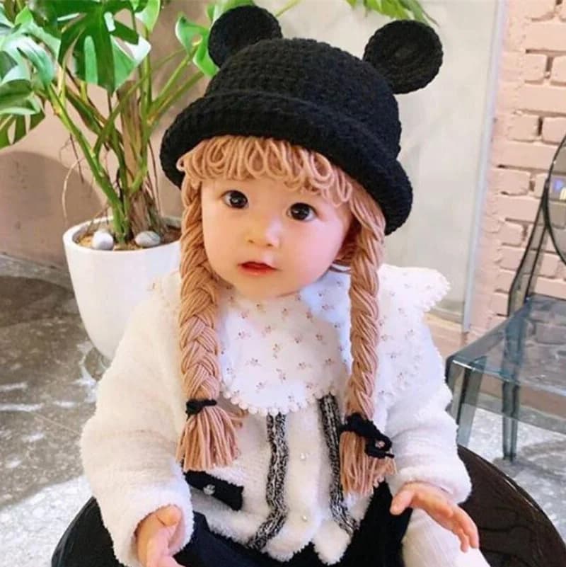 Cute Ears Children Baby Bucket Hat Cosplay Hair Pigtail parrucca Cap for Girl Boy Black Winter Warm Crochet Knit Kids cappelli e berretti