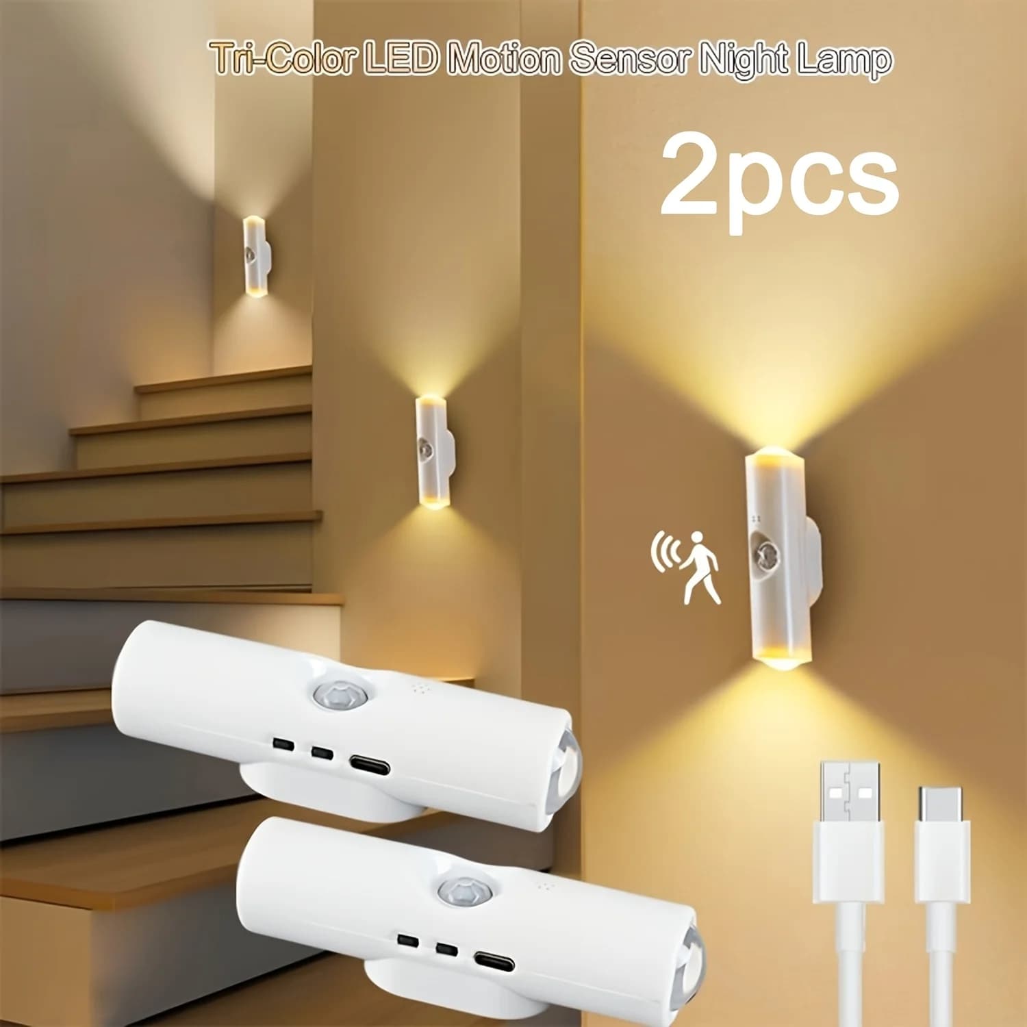 Confezione da 2 luci notturne ricaricabili, luce a LED con sensore a doppia testa per montaggio a parete, 3 colori dimmerabili: bianco caldo, bianco neutro, bianco freddo